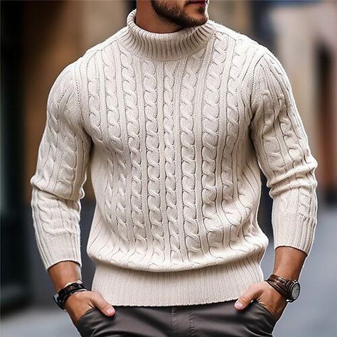 Men's Sweater Pullover Sweater Jumper Turtleneck Sweater Pullover Ribbed Cable Knit Knit K Men Knitted Sweater, Turtleneck Sweater Men, Vacation Clothing, Pullover Vest, Mens Pullover Sweater, Mens Turtleneck, Beige Pullover, Mens Cardigan Sweater, Retro Sweatshirts