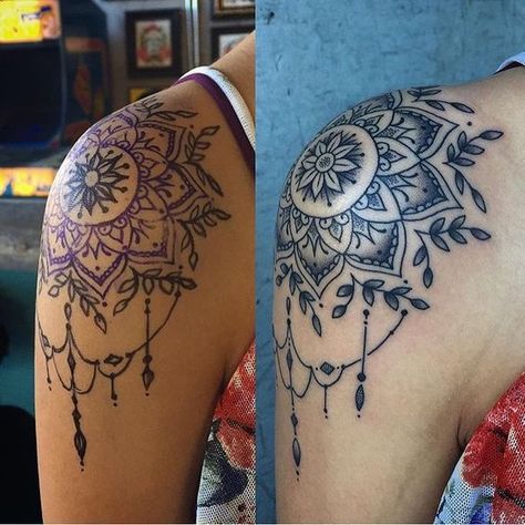 Shoulder Cap Tattoos For Women, Shoulder Piece Tattoo, Mandala Tattoo Shoulder, Mandala Tattoos For Women, 27 Tattoo, Women's Shoulder Tattoo, Shoulder Cap Tattoo, Small Shoulder Tattoos, Tattoo Placements