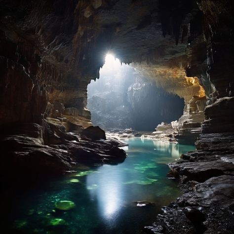 A deep, dark cavern with a flowing underground river, its waters reflecting shimmering crystals embedded in the cave walls visit us to see more: https://playground.com/profile/clq0l2d5t0meus601uf8hgc1x Underground River, Star Wars Planets, River Flowing, Paranormal Books, Mystical Places, Crystal Cave, The Cave, The Darkness, Photography Lovers