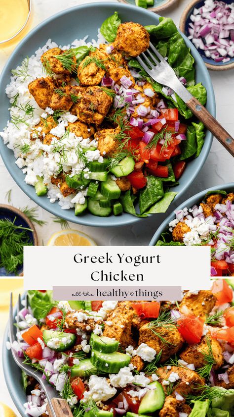 Greek Chicken Burgers, Greek Yogurt Chicken Recipes, Greek Yogurt Marinated Chicken, Protein Salads, All The Healthy Things, Greek Chicken Bowls, Broccoli Pasta Salads, Yogurt Marinated Chicken, Honey Garlic Chicken Thighs