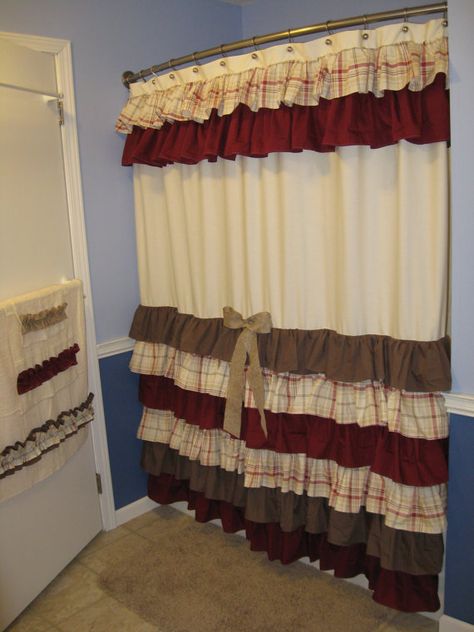 Shower Curtain Cascading Ruffles Custom Designer Fabric Burgundy, Chocolate Brown, Tan, Cream, Burlap Plaid, Wine, Ivory, Personalized, Bow Brown Shower, Bathroom Brown, Apartment Color Schemes, Fabric Ruffles, Brown Shower Curtain, Bathroom Curtain Set, Ruffle Shower Curtains, Primitive Bathrooms, Guest Bathroom Decor