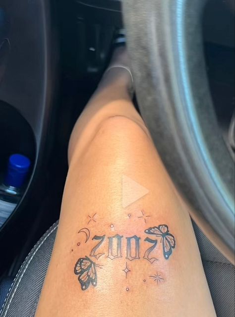 Cover Up Tattoos On Thigh, Tattoo Ideas Female No Shading, Rare Women Tattoos, Straight Tattoos For Women, 2004 Leg Tattoo, True To Self Tattoo, Thigh Tattoos Women Small Simple, Palm Sized Tattoos For Women, Birth Year Tattoo Ideas For Women