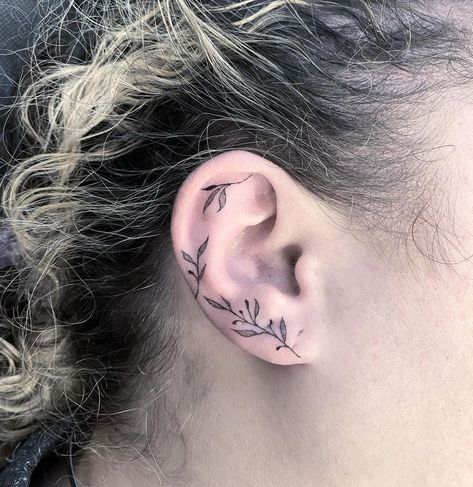 Ear tattoo Ivy Ear Tattoo, Behind Ear Plant Tattoo, Wildflower Ear Tattoo, Vine Ear Tattoo, Ear Vine Tattoo, Leaf Ear Tattoo, Ear Lobe Tattoo, Inner Ear Tattoo, Lavender Tattoo