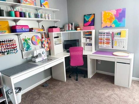 Computer And Craft Desk, Multi Purpose Craft Room Ideas, Small Sublimation Craft Rooms, Home Office/craft Room Setup, Sewing Room Bedroom Combo, Corner Craft Area, Sublimation Room Setup, Small Office Craft Room Combo, Cricut Setup Room Ideas