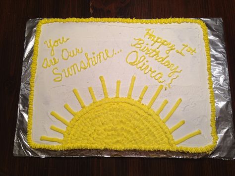 You Are My Sunshine first birthday sheet cake                                                                                                                                                                                 More Sun Sheet Cake, Sunshine Sheet Cake, First Birthday Sheet Cake, Sunshine Birthday Cakes, Easy Cakes For Kids, 1st Birthday Theme Ideas, Birthday Sheet Cake, Yellow Birthday Party, Sheet Cake Ideas