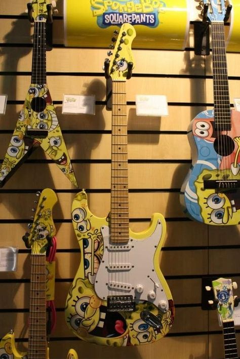 Spongebob guitars Spongebob Guitar, Spongebob Things, Spongebob Birthday Party, Spongebob Birthday, Guitar Obsession, Cool Electric Guitars, Good Cartoons, Take My Money, Fantasy Paintings