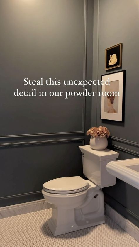 Kelly | Cozy + Collected Home (@thefreshhome) • Instagram photos and videos Main Floor Powder Room Ideas, Tile Baseboard Ideas, Half Bathroom Wainscoting, Dark Moody Half Bathroom, Color Drenched Half Bath, Long Powder Room, Dark Grey Powder Room, Powder Room Board And Batten, Half Bath Tile