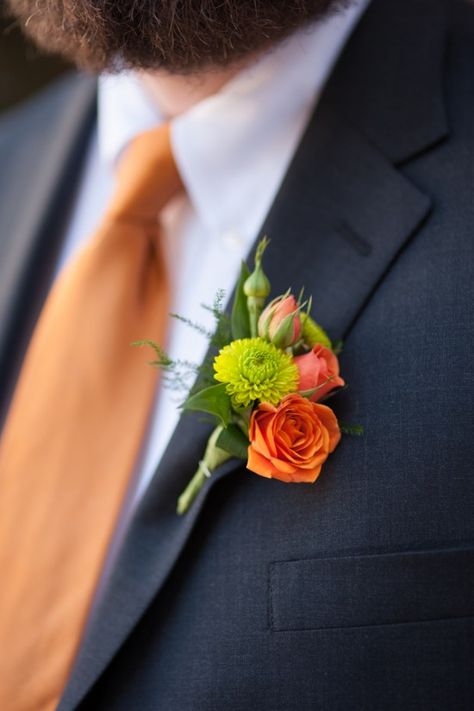 Wedding Colors Teal, Orange Boutonniere, Chrysanthemum Wedding, Wearable Flowers, Groom Flower, Teal Wedding Colors, Prom Corsage And Boutonniere, Courtyard Wedding, Orange Wedding Flowers