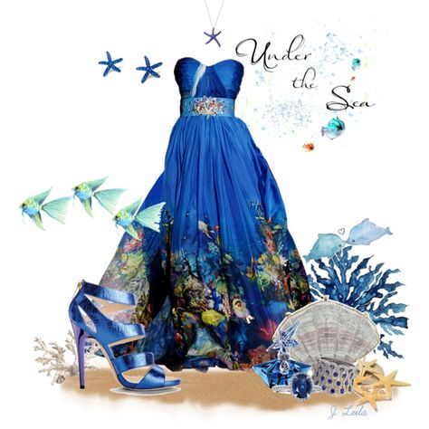 "Under the Sea Dress" by jessicaleila on Polyvore, this is a serious under the sea dress look! Ocean Dresses, Sea Costume, Ocean Dress, White Gold Sapphire Ring, Sea Dress, Back Sandals, Gold Sapphire Ring, Bridal Women, Theme Dress