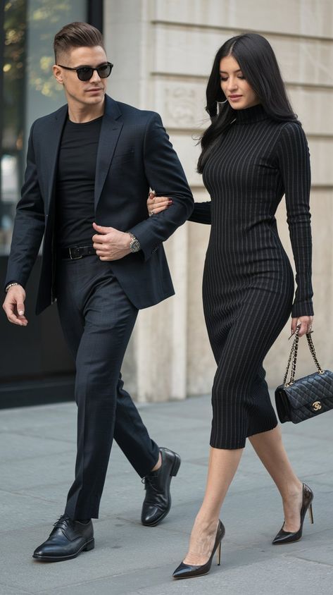 Step out in style with this stunning couple's outfit inspiration! The sleek black suit paired with a fitted black tee exudes modern sophistication, while the striking black ribbed dress with a turtleneck adds a touch of class and allure. Whether it's a romantic dinner or a night out on the town, this look is perfect for making a statement.
#fallfashiontrends #fallfashion #autumnfashion #outfitideas #womanoutfitideas #fashioninspo #fashiondesign Holiday Party Couple Outfits, Black Sleek Outfit, Black Couple Date Night Outfit, Couple Dinner Date Outfit, Date Night Couple Outfit, Date Dress Outfit, Couple Date Night Outfits, New Years Eve Outfits Classy, Couple Date Night