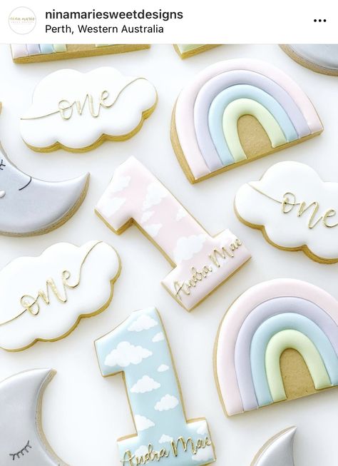 Rainbow Birthday Cookies, Birthday Cookies Decorated, Rainbow Theme Baby Shower, Rainbow Baby Shower Theme, Pastel Rainbow Birthday, Rainbow Sugar Cookies, Cookies Decorated With Royal Icing, First Birthday Cookies, Bunny Birthday Party