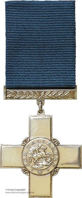 George Cross (GC). Awarded to the highest gallantry award for civilians, the GC is also awarded to military personnel for those acts for which military honours would not normally granted, such as acts of gallantry not in presence of the enemy. British Medals, St George And The Dragon, Military Ribbons, Military Awards, George Cross, Uniformed Services, Military Decorations, Military Ranks, Military Pins