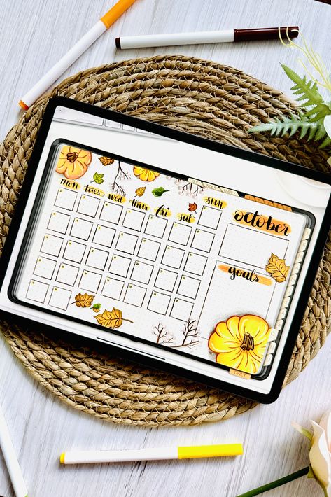 Monthly Bullet Journal spread for October 2023 using my Pumpkin theme digital stickers and Digital planner. October Bullet Journal Calendar, Digital Journal Stickers, Monthly Bullet Journal, Fall Stickers, Digital Bullet Journal, Autumn Stickers, Bullet Journal Spread, Bullet Journal Stickers, Pumpkin Theme