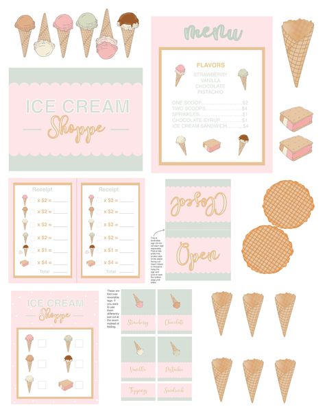 Diy Play Ice Cream Shop, How To Make Cardboard Ice Cream Shop, Paper Ice Cream Shop Printable, Ice Cream Diy Crafts, Paper Ice Cream Shop, Ice Cream Scoop Template, Cardboard Ice Cream Shop, Ice Cream Stand Diy, Cardboard Ice Cream Stand