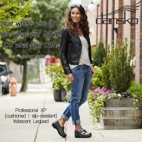 Check out the Professional XP Iridescent #Leopard by #Dansko for a softer, lighter take on the traditional clog with an amazing and comfortable fit. Find them now on ClogsAndShoes.com. #comfortable #womensfashion #womensshoes #scrublife #nurse #nurselife #nursing #clogs #shoes #fashionblogger #fashion #bosslady #cuteshoes #chef #hairdresser #cook #waitress #ootd  #fallfashion #quoteoftheday #qotd #quote #positivity #inspiration #motivation Outfits With Dansko Clogs, Black Dansko Clogs Outfit, Dansko Clogs Outfit Professional, Birkenstock Clogs Outfit Work, How To Style Dansko Clogs, Dansko Clogs Outfit Work, Dnp School, Clogs Outfit Work, Dansko Outfits