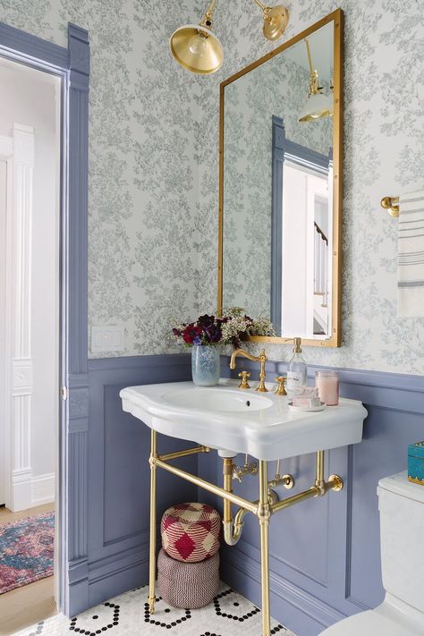 Love the lavender colored wainscoting accented by shiny gold fixtures. Downstairs Bathroom, Bathroom Wallpaper, Bathroom Colors, Beautiful Bathrooms, Guest Bathroom, Cheap Home Decor, Bathroom Makeover, Bathroom Renovation, Bathroom Inspiration