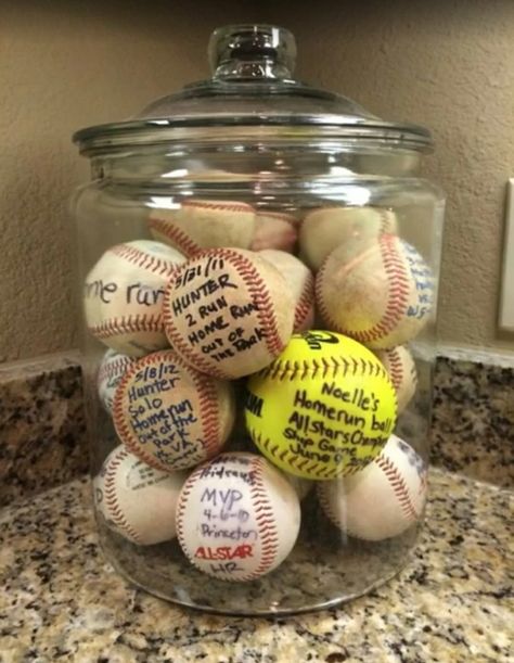 Display baseballs/softballs in a large jar. What a great idea! Baby Shower Ideas For Boys, Baseball Bedroom, Baseball Crafts, Big Jar, Baseball Room, Baseball Decor, Softball Life, Softball Gifts, Baseball Boys