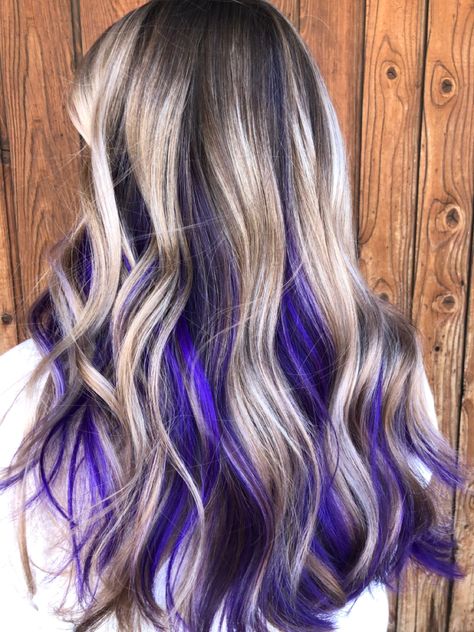 Purple peekaboo pravana vivid blonde balayage platinum blonde Blonde Hair With Purple Tips, Beautiful Hair Dye, Purple Peekaboo Hair, Teal Hair Color, Purple Blonde Hair, Platinum Blonde Balayage, Purple Balayage, Peekaboo Hair Colors, Balayage Blonde