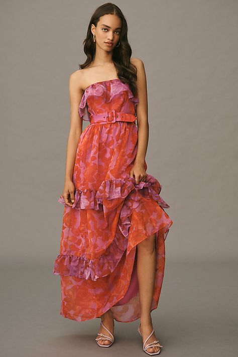 Polyester; rayon lining Zipper styling Machine wash Imported | Strapless Tiered Maxi Dress by Anthropologie in Pink, Women's, Size: Large, Polyester/Rayon Anthropologie Maxi Dress, Maxi Dres, Portugal Wedding, Black Tie Dress, Strapless Floral Dress, Red Floral Dress, Guest Dress, Gala Dresses, Tiered Maxi Dress