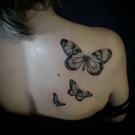 Related image Butterfly Back Of Shoulder Tattoo, Small Butterfly Tattoo On Back Shoulder, Butterfly Tattoo Front Shoulder, Small Butterfly Tattoo Shoulder, Butterfly Tattoo Shoulder Blade, Three Butterflies Tattoo, Black Butterfly Tattoo, Blade Tattoo, Butterfly Name Tattoo