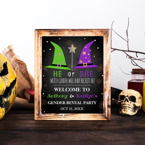 $11.55 | Halloween Witch Gender Reveal Party Welcome Sign | Halloween Gift | gender reveal party, halloween, chalkboard, he or she, boy or girl, baby shower, witch gender will baby be, magical, witches, green and purple Witch Or Warlock Gender Reveal, Witch Gender Reveal Ideas, Witch Gender Reveal, Halloween Gender Reveal Party, Welcome Sign Halloween, Halloween Chalkboard, Halloween Gender Reveal, Monster Halloween, Party Welcome Sign