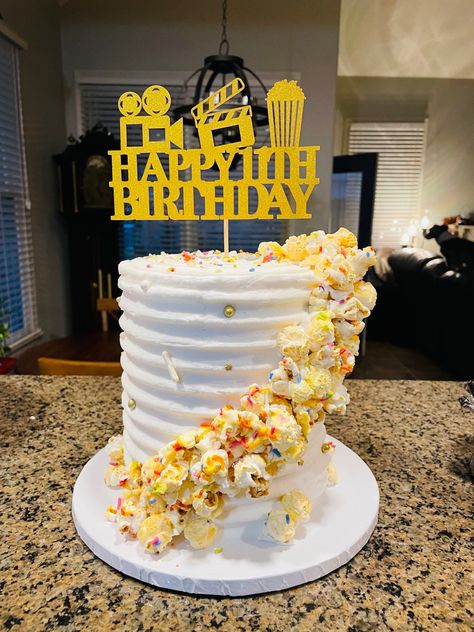 Movie Night Birthday Cake At The Movies Birthday Party, Popcorn Theme Cake, Movie Night Themed Birthday Cake, Movie Night Birthday Party Cake, Movie Theater Birthday Cake, Movie Party Cake, Movie Theme Birthday Party Cake, Movie Theme Birthday Cake, Movie Birthday Party Cake