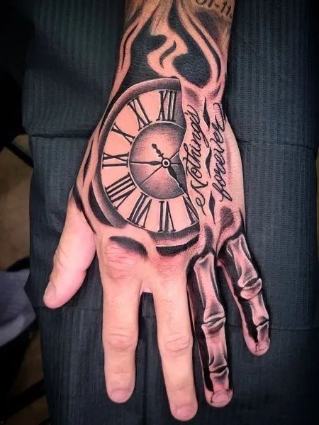 Navy Hand Tattoos, Skeleton Clock Tattoo, Mens Skeleton Tattoo, Skull Hand Tattoos For Guys Men, Skelton And Hand Tattoo, Half Skeleton Hand Tattoo, Rare Tattoos Men Hand, Hand Tattoo Designs Men Unique, Skeloten Hand Tattoos