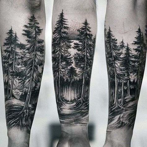 Forest Tattoo Sleeve, Forest Forearm Tattoo, Tree Tattoo Forearm, Wood Tattoo, Forest Tattoo, Men Masculine, Nature Tattoo Sleeve, Inner Forearm Tattoo, Forest Tattoos