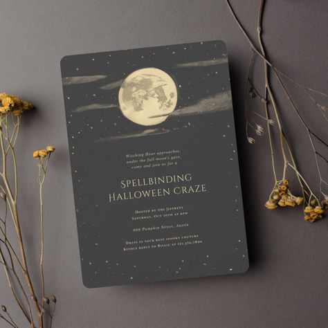 Full Moon Halloween Party Invitation  Zazzle Full Moon And Stars, Full Moon Halloween, Invites Design, Moon Baby Shower Invitation, Stars Background, Moon Halloween, Moon Baby Shower, Halloween Party Invitation, Halloween Invitation