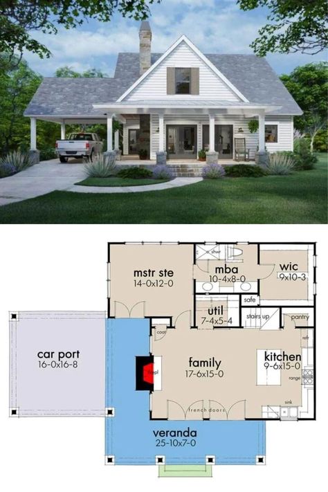 Two-Story 3-Bedroom New American Cottage Home with Wraparound Veranda and Bonus Room (Floor Plan) Small Country House Plans Farmhouse, American Cottage House, Smart House Plans, American Cottage, Farmhouse Cabin, Cottage House Plan, Build Inspiration, Sims Builds, Family Room Fireplace