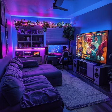 Which game room are you chilling in? 🎮 Gamer Family Room, Game Room Boy, Gaming And Book Room, Gamer Guest Room, House Game Room Ideas, Games Room Aesthetic, Game Room With Couch, Cool Gaming Room Ideas, Chill Game Room