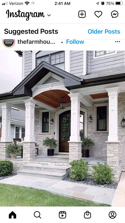 Portico Entry Modern, Home Front Yard, Outside House Colors, Portico Design, Aspen House, Ranch House Exterior, Porch Remodel, Beach House Exterior, Rustic Porch