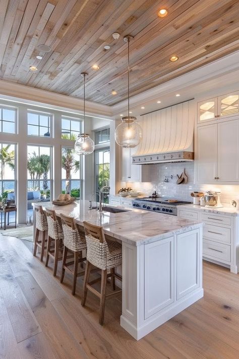 Beach Home Kitchen Ideas, Coastal Modern Farmhouse Kitchen, Florida Decorating Ideas Coastal Style, Kitchen Design Coastal, Farmhouse Beach Kitchen, Neutral Coastal Kitchen, Coastal Kitchen Flooring Ideas, Modern Coastal Decor Kitchen, Modern Coastal Kitchens