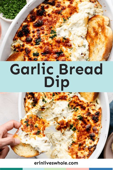 Garlic lovers, this one is for you! This delicious Garlic Bread Dip is the ultimate flavorful appetizer made with garlic, cheese, fresh herbs, and more! Enjoy with your favorite chips, garlic bread dippers, crostini, or slices of toasted baguette! Bread And Cheese Dip, Bread And Dip Recipes, Baked Garlic Dip, Roasted Garlic Appetizer, Toom Garlic Dip, Baguette Appetizer Ideas, Dips With Bread, Bread Dip Recipes, Garlic Spread For Bread