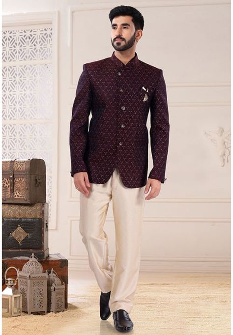 Maroon Jacquard Jodhpuri Suit - HRSE1810R Men Jodhpuri, Engagement Couple Dress, Engagement Dress For Men, Engagement Dress For Groom, Business Casual Attire For Men, Jodhpuri Suit, Celebrity Gowns, Fashion Suits For Men, Readymade Blouse