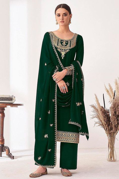 Buy Bottle Green Embroidered Georgette Palazzo Suit Online | Like A Diva Velvet Anarkali Suits, Anarkali Lehenga Gowns, Plazzo Dress, Velvet Anarkali, Georgette Palazzo, Gharara Suits, Anarkali Lehenga, Gown Party Wear, Gown Suit