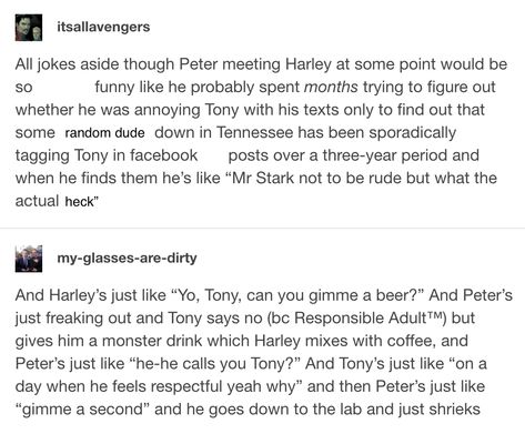 Also Harley is barely  older than Peter so please imagine a sibling dynamic where Harley tries to be the older sibling but fails Peter Parker And Harley Keener Fanart, Harley Keener Aesthetic, Tony Stark And Harley Keener, Peter Harley, Harley Iron Man, Peter Parker Harley Keener, Harley And Peter Parker, Peter X Harley Fanart, Peter Parker X Harley Keener