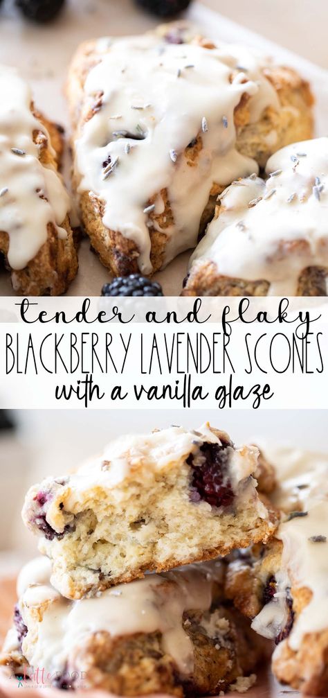 These Homemade Blackberry Lavender Scones are topped with a lavender vanilla glaze. These blackberry scones are so flaky and buttery, and the fresh blackberries and lavender flowers make the best spring brunch recipe. Lavender Dessert Recipes, Blackberry Scones, Lavender Dessert, Lavender Scones, Blackberry Lavender, Summer Fruit Desserts, Berry Desserts, Blackberry Dessert, Berry Scones