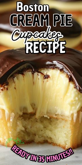 Boston Cream Pie Cupcakes Easy Boston Cream Pie Cupcakes, Boston Cream Cake Filling, Boston Cream Dump Cake, Boston Cream Pie Mini Bundt Cakes, Boston Cream Pie Cupcakes Recipe, Boston Crème Pie Cupcakes, Best Boston Cream Pie Recipe, Boston Themed Party Food, Boston Cream Recipes