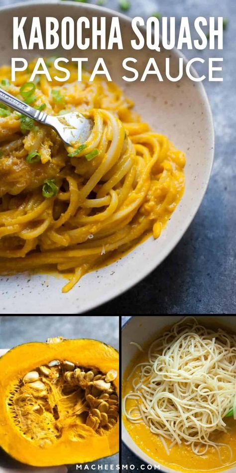 Creamy Kabocha Squash Pasta Sauce with Spaghetti: These delicious and hearty noodles are made with blended squash plus a few simple ingredients. You're going to love this quick hearty winter noodle dish! | macheesmo.com Easy Winter Dinner, Squash Noodles Recipes, Squash Pasta Sauce, Kabocha Squash Recipe, Homemade Pasta Salad, Roasted Kabocha Squash, Pasta Sauce Recipe, Italian Dinner Recipes, Squash Pasta