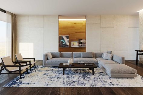 What Color Rug Goes With A Grey Couch? Best Way to Match Colors – Vaheed Taheri Living Room Rug Layout, Rug In Living Room, Gray Sectional Living Room, Rugs Layout, Bungalow Living Room, Interesting Living Room, Comfy Living Room Decor, Living Room Rug Placement, Living Room Rug Size