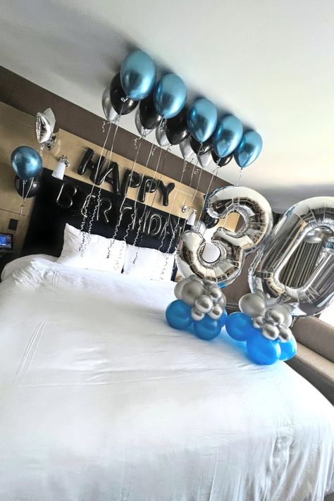 30th Birthday royal blue black silver room decoration arranged by his wife to surprise the birthday boy on their birthday vegas weekend coordinated all online! Birthday Room Surprise, Birthday Vegas, Room Surprise, Birthday Room, Silver Room, Surprise Boyfriend, Birthday Room Decorations, 30th Birthday Decorations, Birthday Surprise Boyfriend