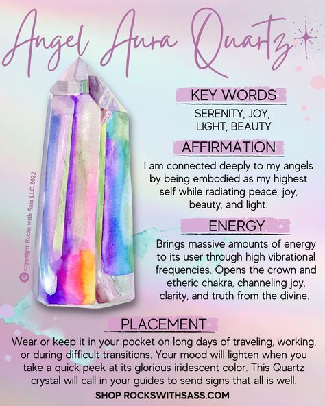 KEY WORDS: SERENITY, JOY, LIGHT, BEAUTY ENERGY: Angel Aura Quartz has been bonded with Platinum and Silver. This crystal radiates peace and positivity. Enhances intuition and psychic skills while surrounding you with harmony and love. It assists in elevating your mood and connecting you with your angelic spirit guides. Used for the clearing of the aura and the chakras, as well as the removal of unconscious cords, limited beliefs, and psychic contracts. During meditation, this stone can bring you Crystal Healing Chart, Aura Quartz Cluster, Crystals Healing Properties, Spiritual Crystals, Angel Aura Quartz, Crystal Healing Stones, Angel Aura, Crystal Meanings, Quartz Cluster