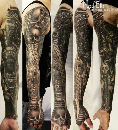 Hr Giger Tattoo, Biomechanical Tattoo Arm, Giger Tattoo, Biomech Tattoo, Biomechanical Tattoo Design, Steampunk Tattoo, Dark Tattoos, Tattoos And Meanings, Giger Art