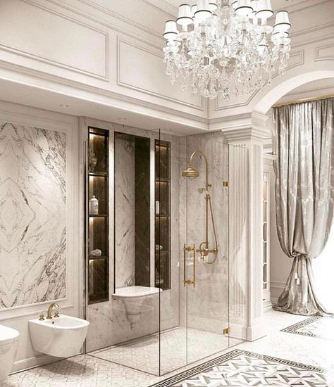 Classic Luxury Bathroom, Spa Bathroom Ideas, Grey Marble Floor, Design Interior Baie, Luxury Bathroom Inspiration, Luxury Spa Bathroom, Luxury Bathroom Design, Spa Bathroom, Bad Inspiration