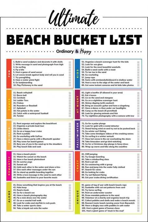 Beach bucket list - over 100 ideas for things to do at the beach! Includes romantic activities, things to do with friends at the beach, things to do with the family at the beach, fun beach games, unique summer activities,  and more! Beach Bucket List, Fun Beach Games, To Do At The Beach, Beach Scavenger Hunt, Family At The Beach, Romantic Activities, Friends At The Beach, Beach Things, Adventurous Things To Do