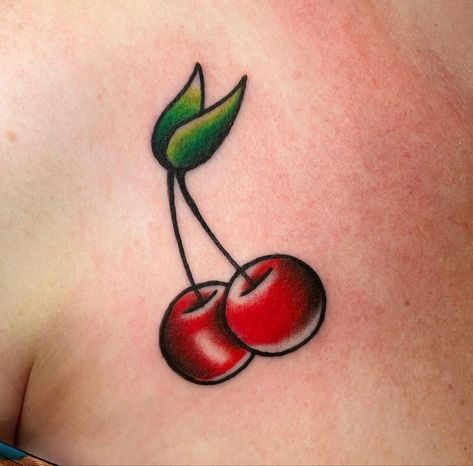 Retro Cherry Tattoo, Goth Cherry Tattoo, Cherry Ankle Tattoo, Traditional Cherry Tattoo, Fruit Tattoos, Cherry Tattoo, Fun Tattoo, Fruit Tattoo, Traditional Tattoo Flowers