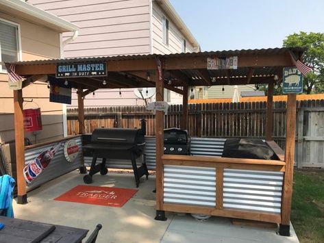 Bbq Shed, Pool Ideas On A Budget, Outdoor Grill Area, Outdoor Bbq Area, Outdoor Grill Station, Outdoor Cooking Area, Outdoor Barbeque, Above Ground Pool Ideas, Ground Pool Ideas