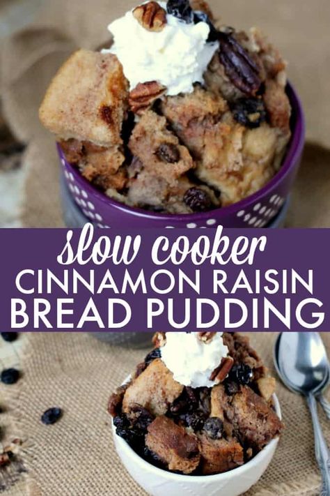 Slow Cooker Cinnamon Raisin Bread Pudding - Slow cooker dessert alert! Make the best sweet comfort food so easily with this recipe. Cinnamon Raisin Bread Pudding, Slow Cooker Bread Pudding, Cinnamon Roll Bread Pudding, Cinnamon Bread Pudding, Raisin Bread Pudding, Slow Cooker Christmas, Cinnamon Roll Bread, Slow Cooker Breakfast, Cinnamon Raisin Bread