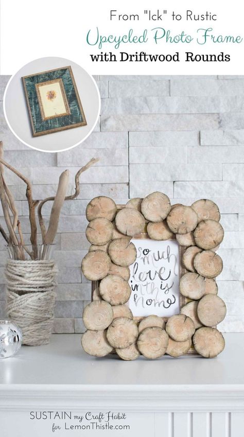 DIY Upcycled Wood Round Photo Frame. An outdated picture frame gets a rustic refresh with some driftwood slices. The new mantle accessory is the perfect display for Lemon Thistle's "So Much Love in This Home" printable art. Click through for the step-by-step tutorial for this decor idea. Creative Homemade Gifts, Wood Slice Decor, Rustic Photo Frames, Upcycled Wood, Wood Slice Art, Wood Slice Crafts, Deco Nature, Diy Holz, Wood Rounds